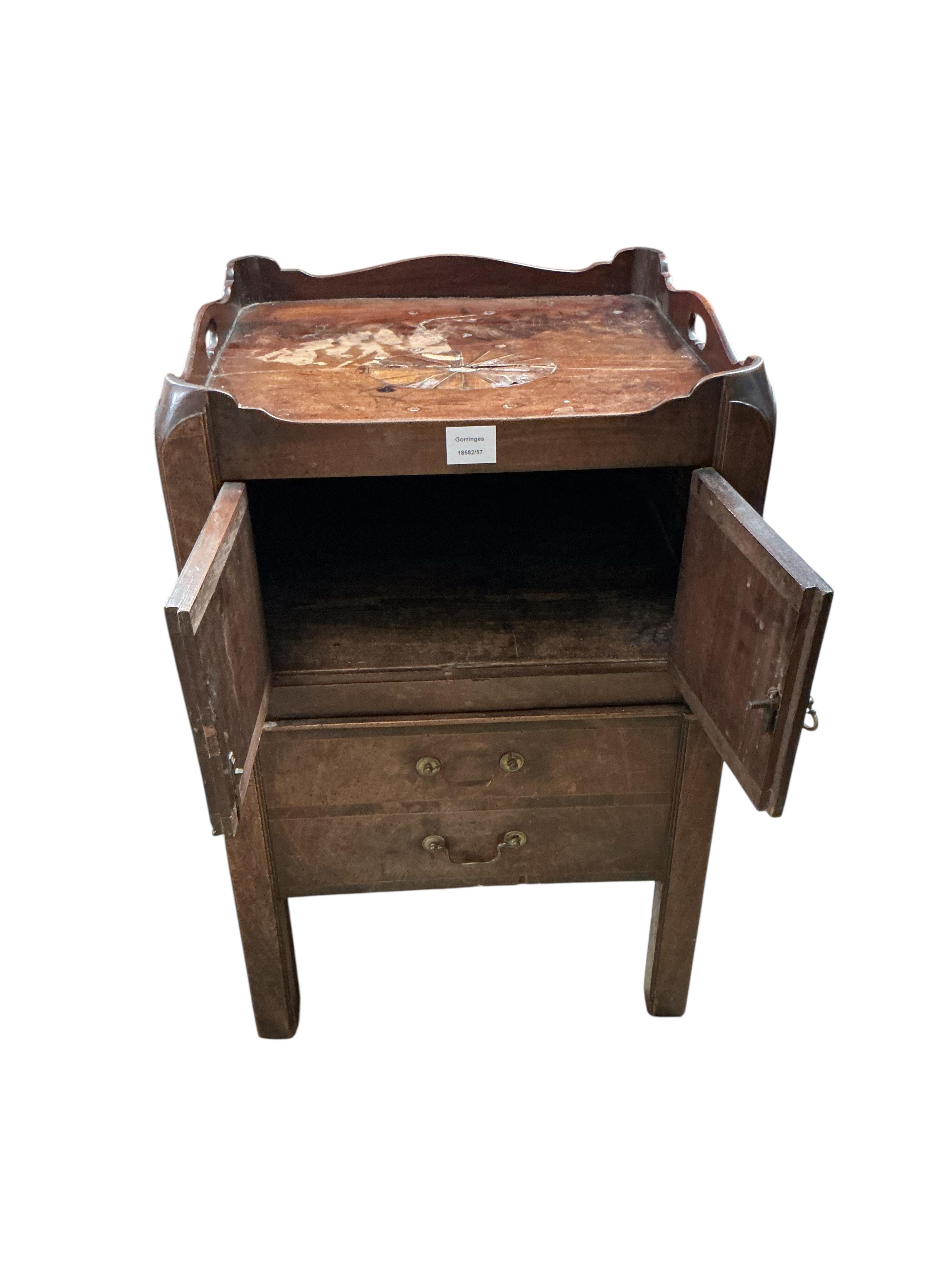 A George III inlaid mahogany tray top bedside cabinet, width 50cm, depth 46cm, height 77cm